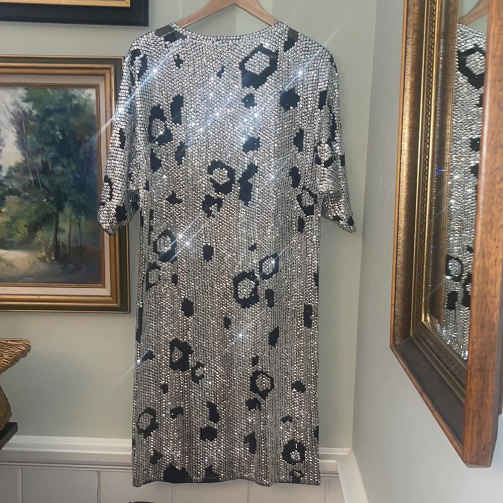 Vintage Sequin Silver Leopard Holiday Dress Size M Kenar Silk Animal Print 80s